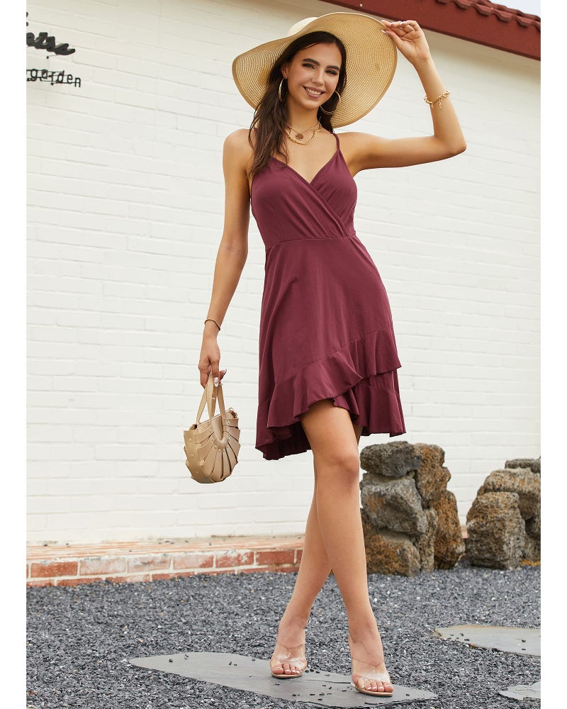 ULTRANICE Summer Red Dress Womens Spring Trendy Casual Wrap Flowy V Neck Adjustable Spaghetti Outfits Clothes Wedding Guest Semi Formal Dresses Graduation Party Midi Sundresse(Red,M) - Image 2